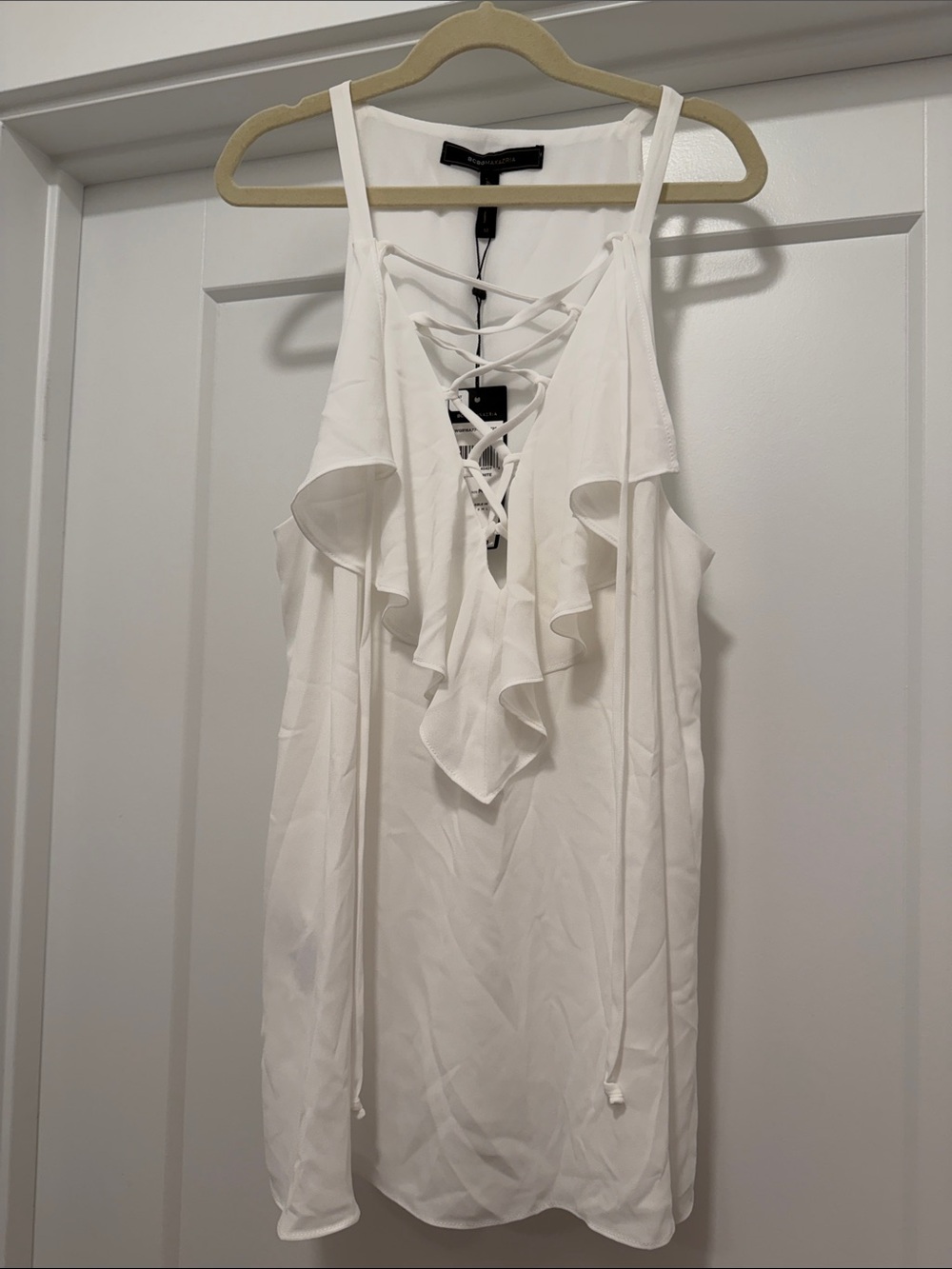 BCBGMaxAzria White Ruffle Lace-Up Sleeveless Top